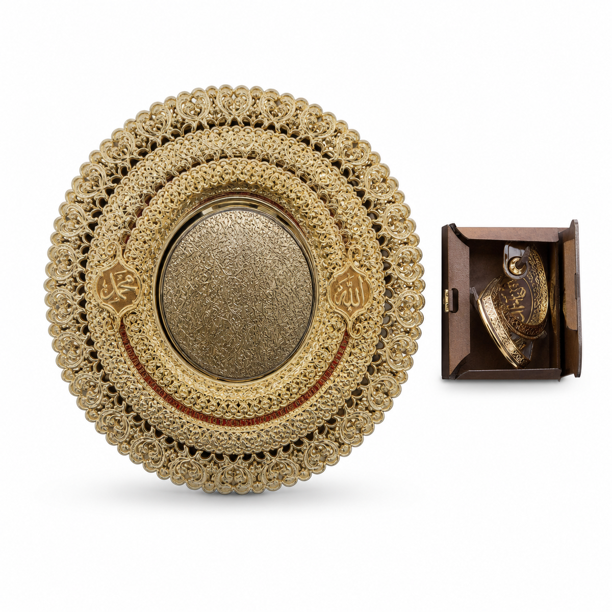 Nested round gold-tone filigree serving trays with a calligraphy centre, beside a boxed ornament