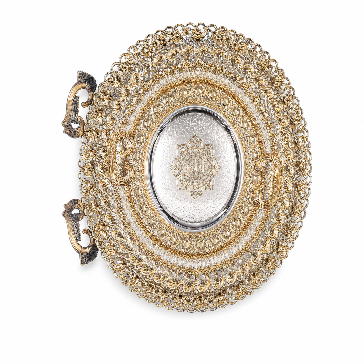 Oval serving tray with gold openwork rim, engraved silver centre and two ornate scroll handles