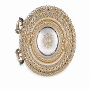 Oval serving tray with gold openwork rim, engraved silver centre and two ornate scroll handles