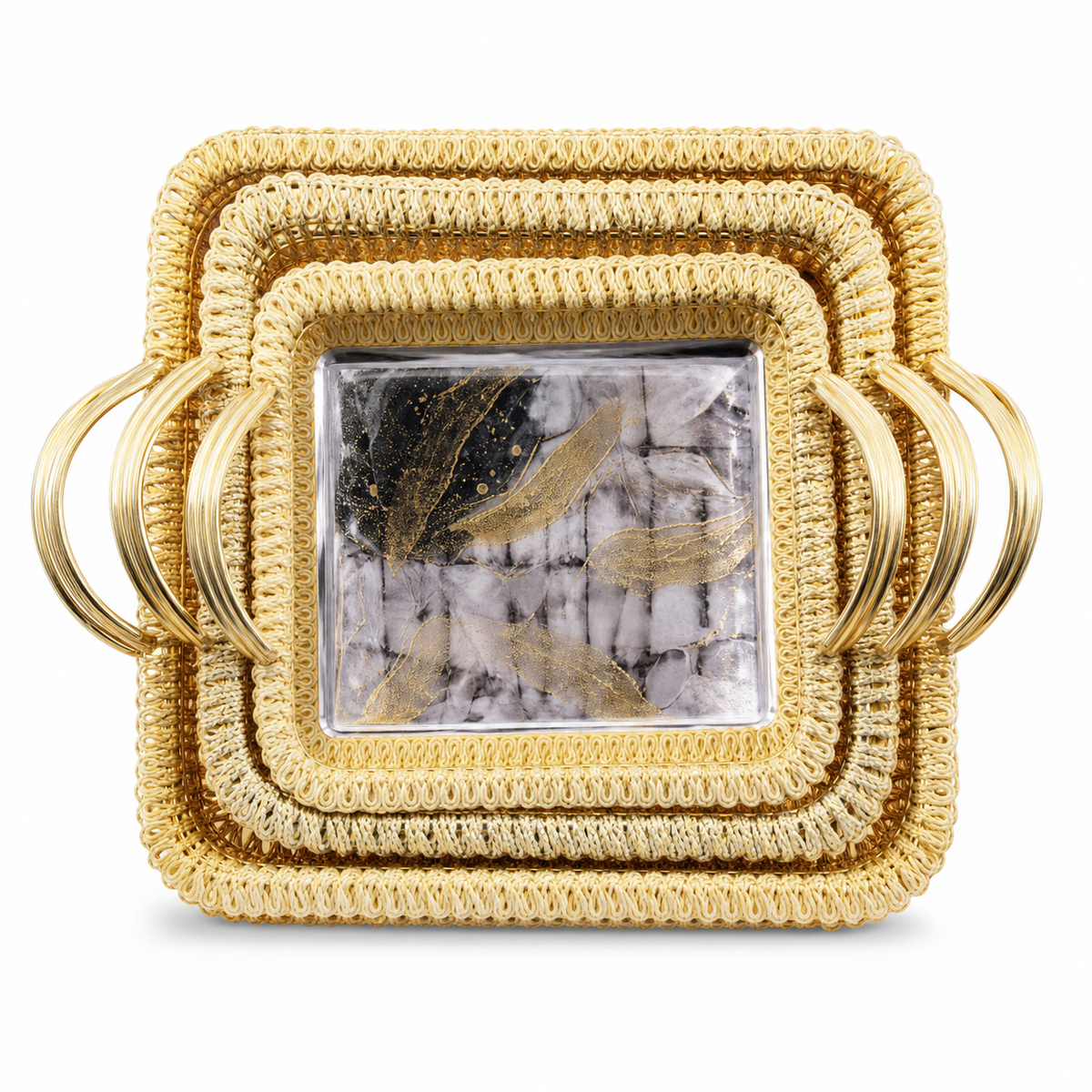Gold and silver stainless steel serving tray set, three pieces