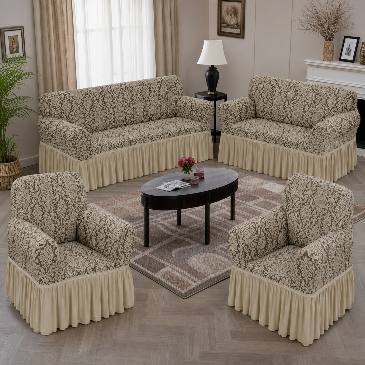 Cream and taupe patterned sofa covers with gathered skirts on a three-seater, two-seater and two armchairs