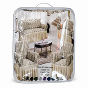 Three-piece sofa cover set sealed in a clear zip bag, the covers shown on the printed package insert