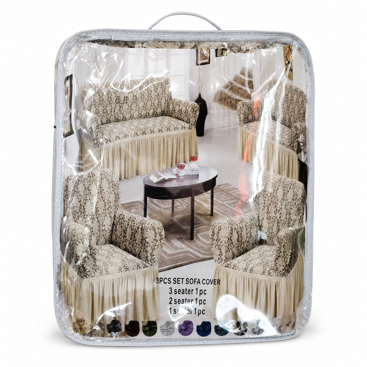 Three-piece sofa cover set sealed in a clear zip bag, the covers shown on the printed package insert