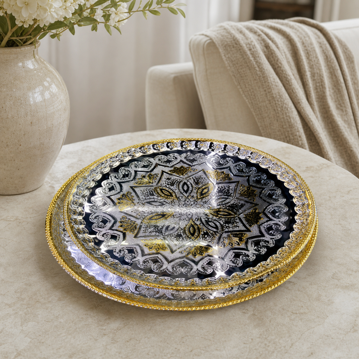 Round gold and silver stainless steel serving tray set, two pieces