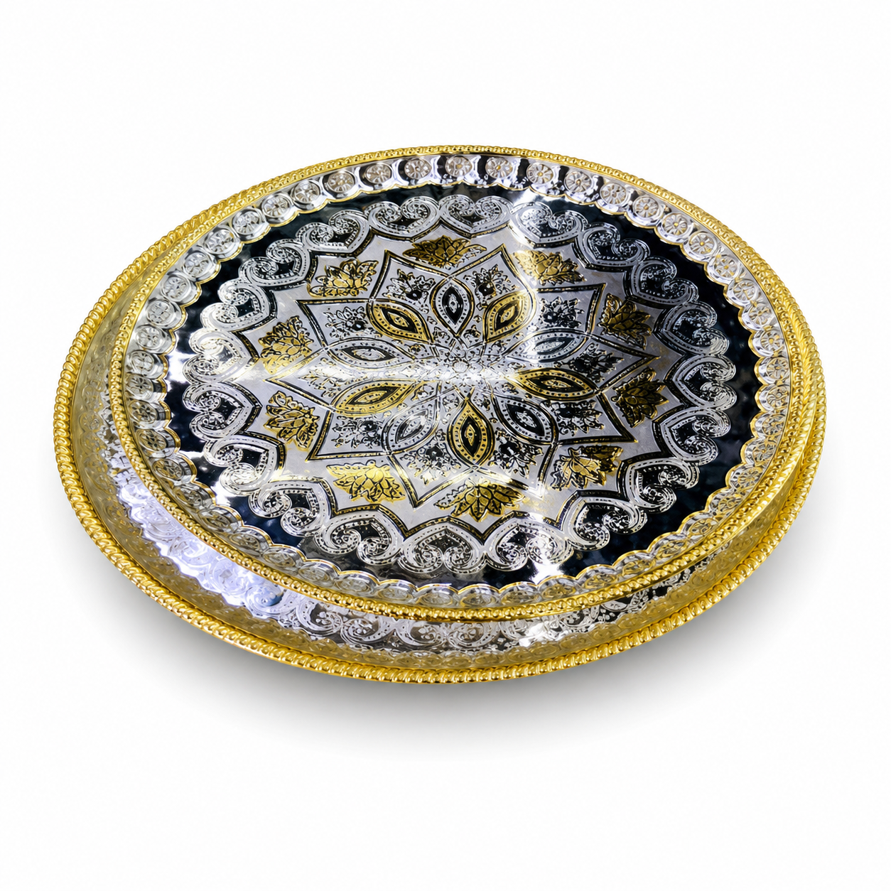 Round gold and silver stainless steel serving tray set, two pieces