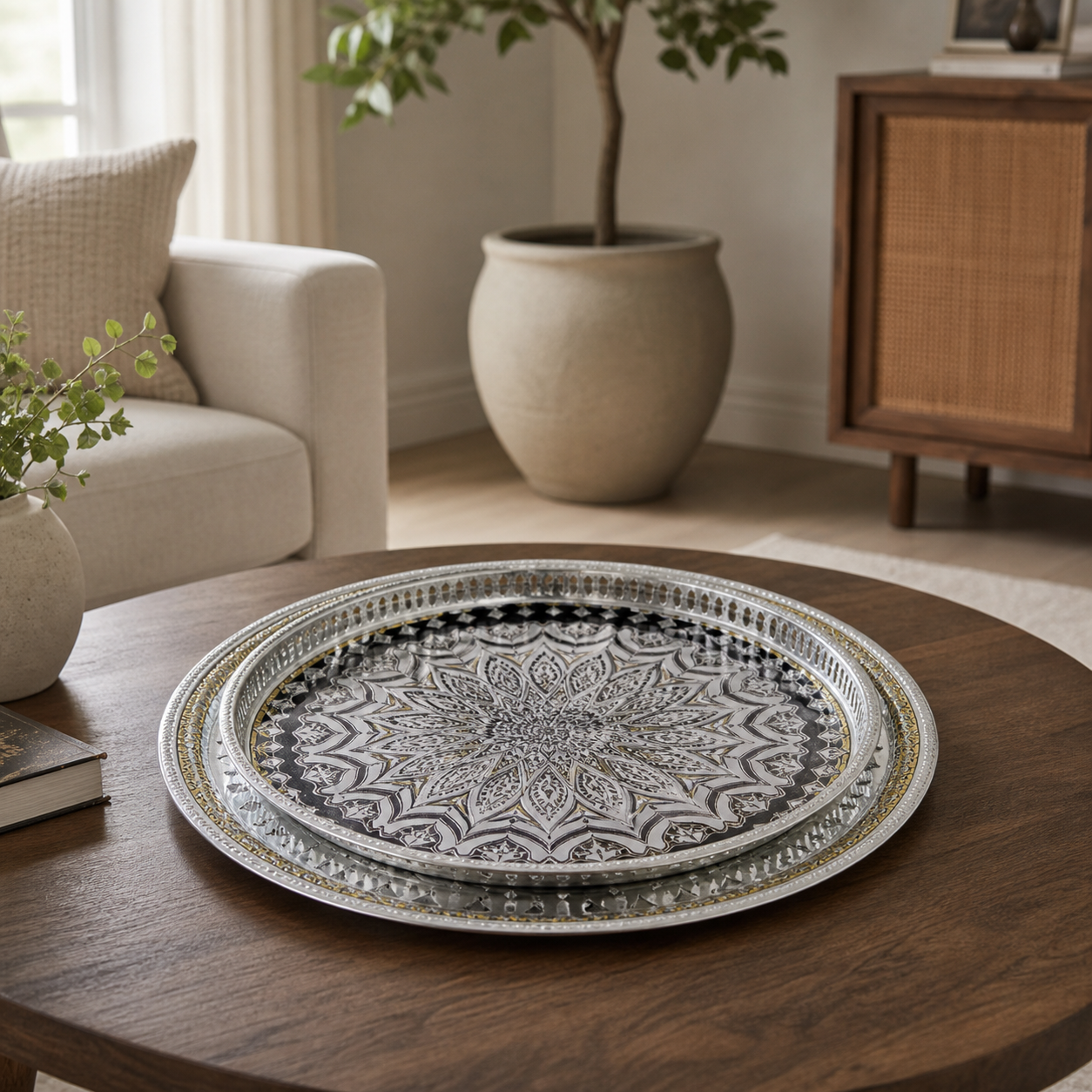 Two round silver-tone trays stacked on a wood table, pierced openwork rims with gold-tone banding