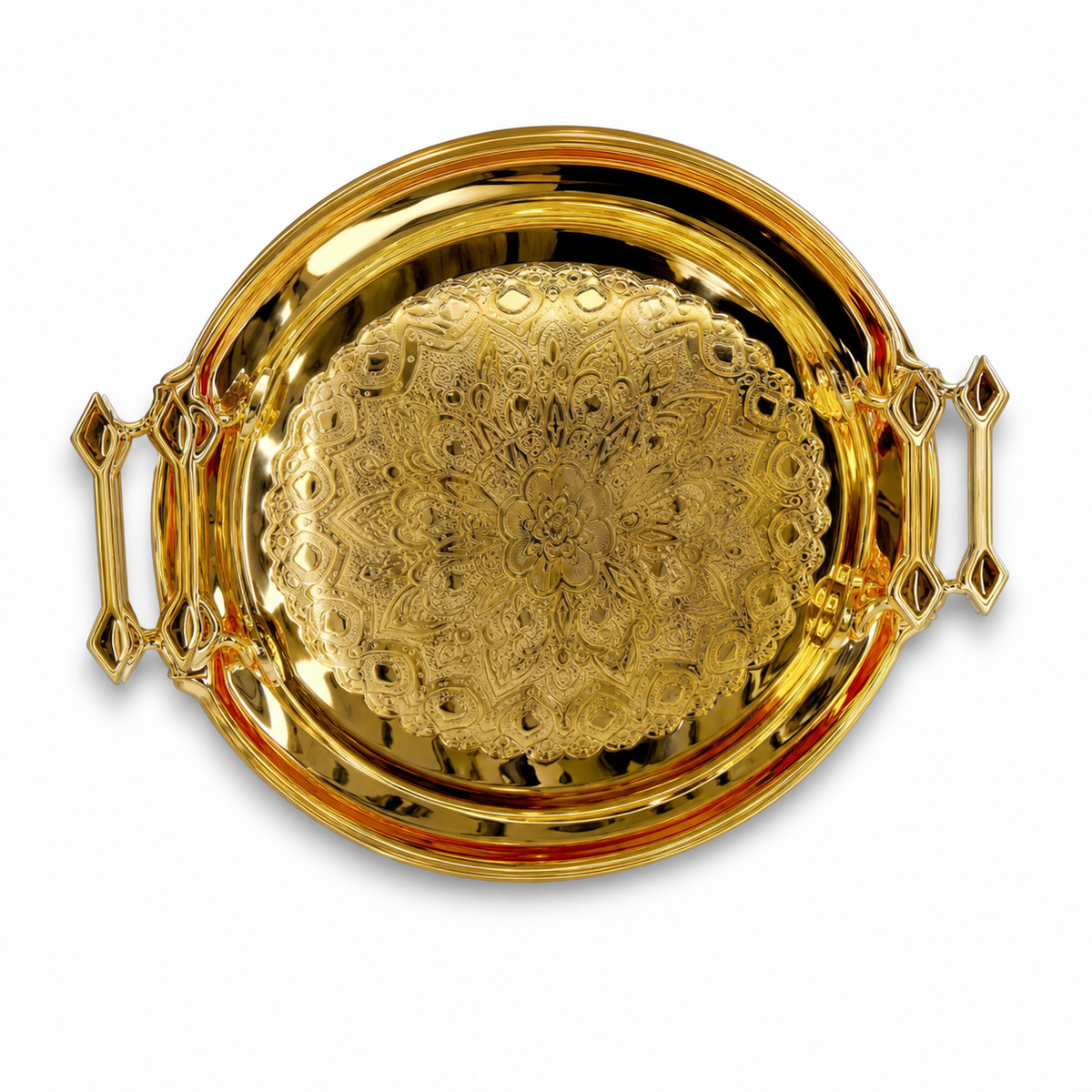 Round gold-tone stainless steel serving tray with two ornate openwork handles and an engraved centre medallion