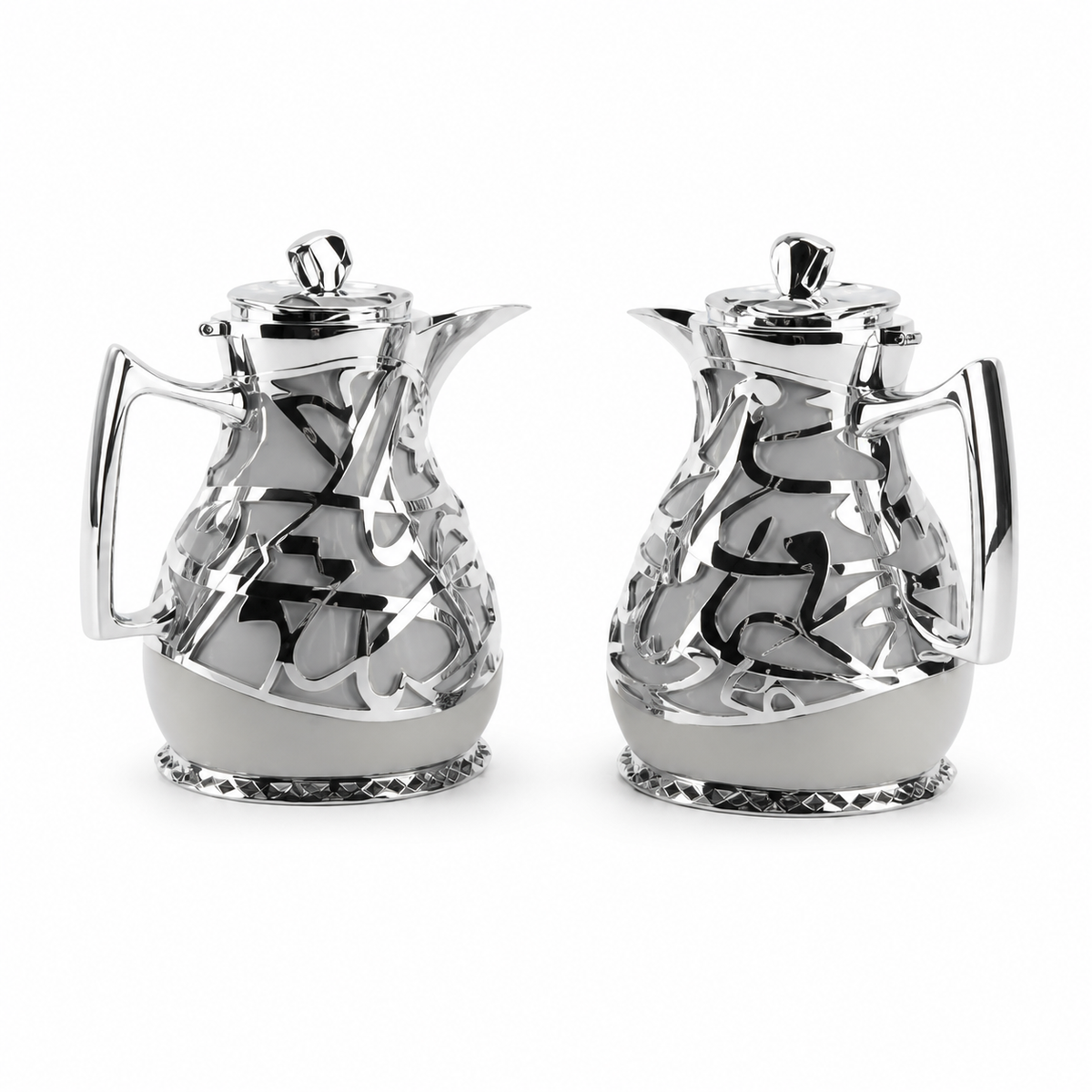 Two-piece dallah coffee flask set in silver with cream-toned base