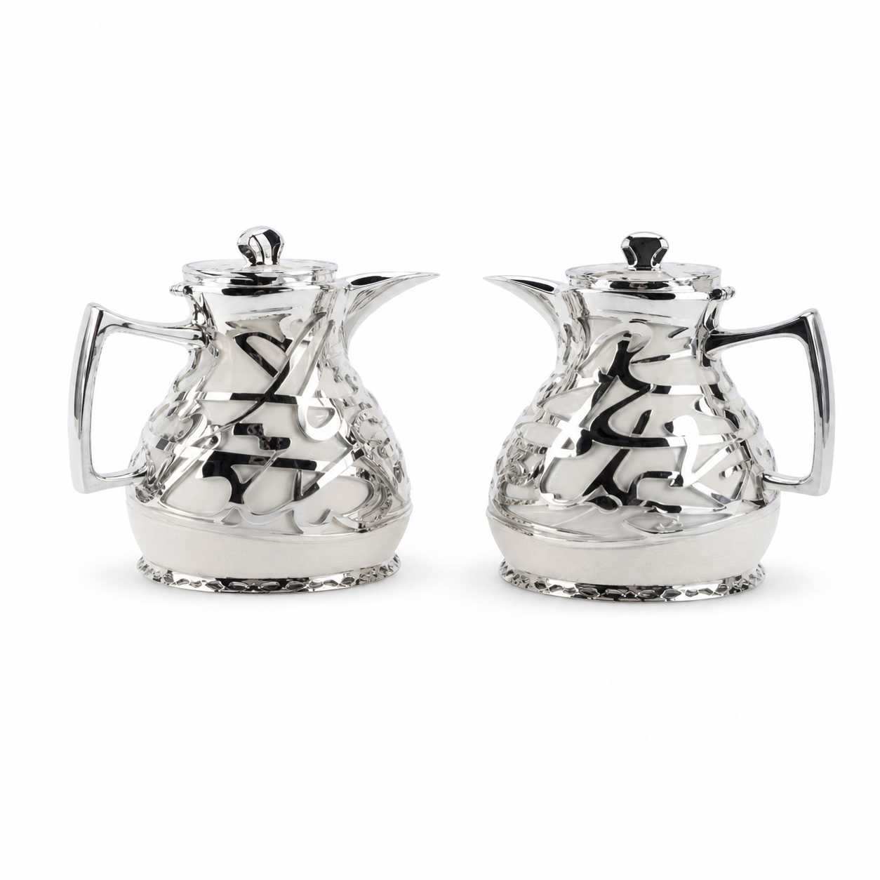 Two-piece dallah coffee flask set in silver with cream-toned base