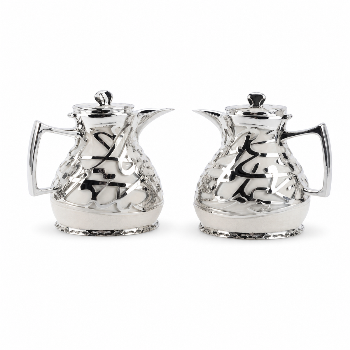 Two-piece dallah coffee flask set in silver with cream-toned base