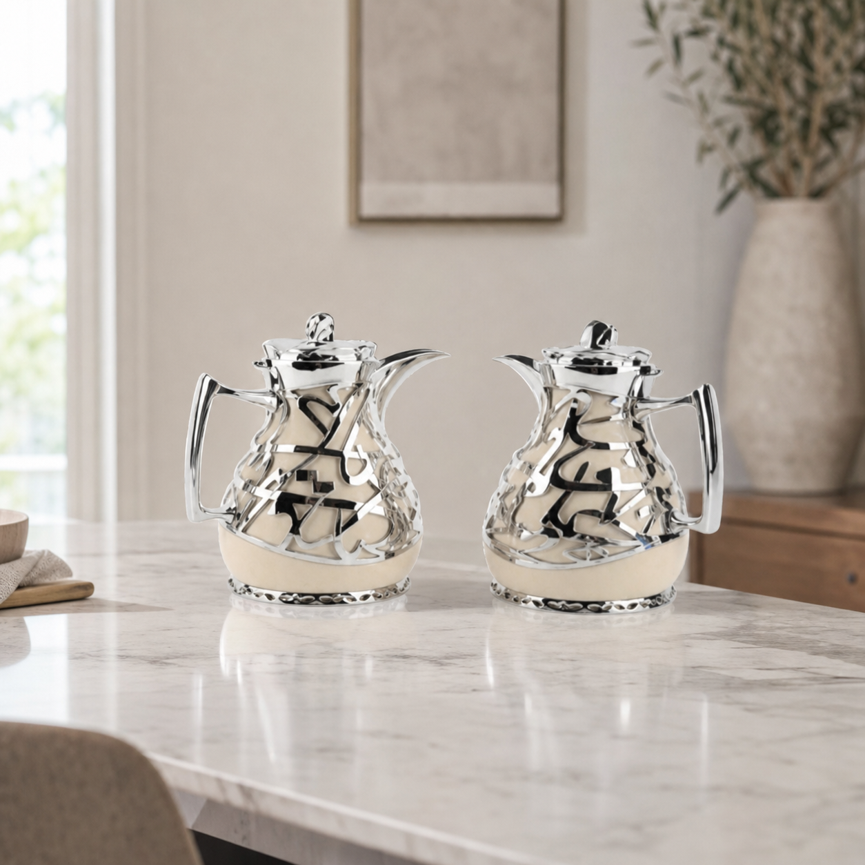 Two-piece dallah coffee flask set in silver with cream-toned base