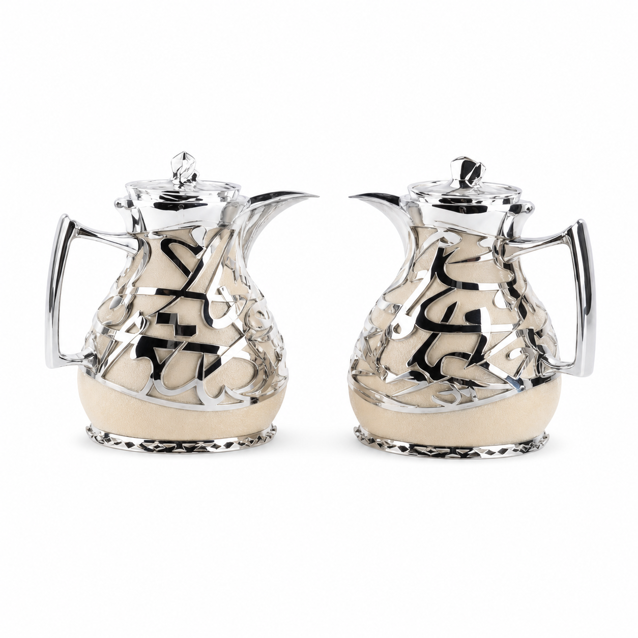 Two-piece dallah coffee flask set in silver with cream-toned base
