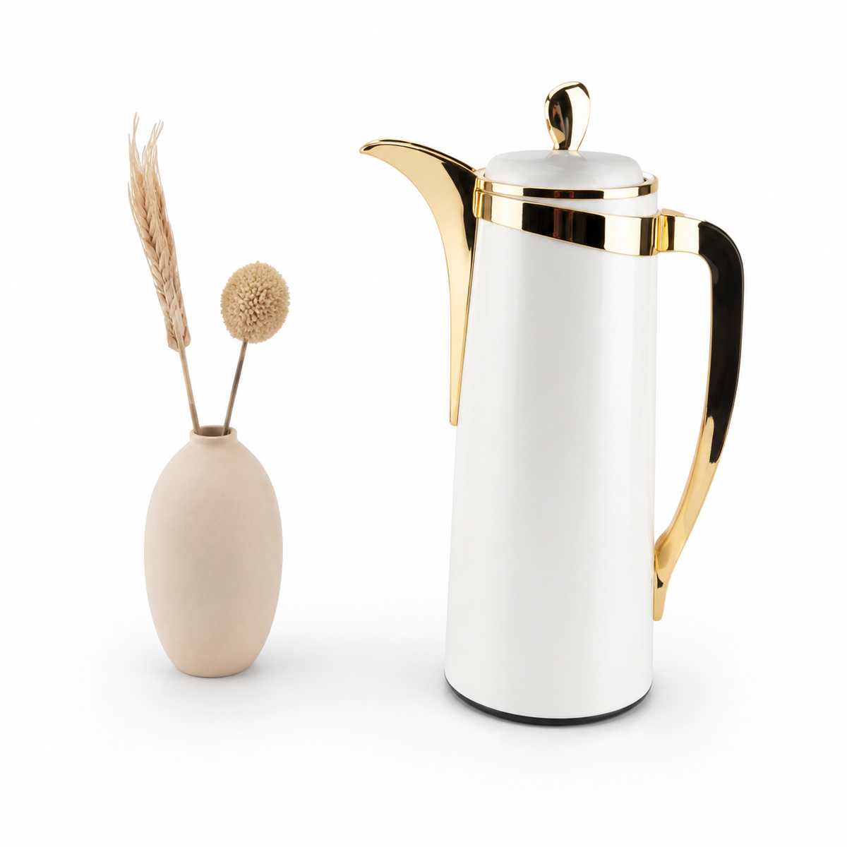 White dallah coffee flask with gold-tone collar band, blade spout and black-inlaid handle
