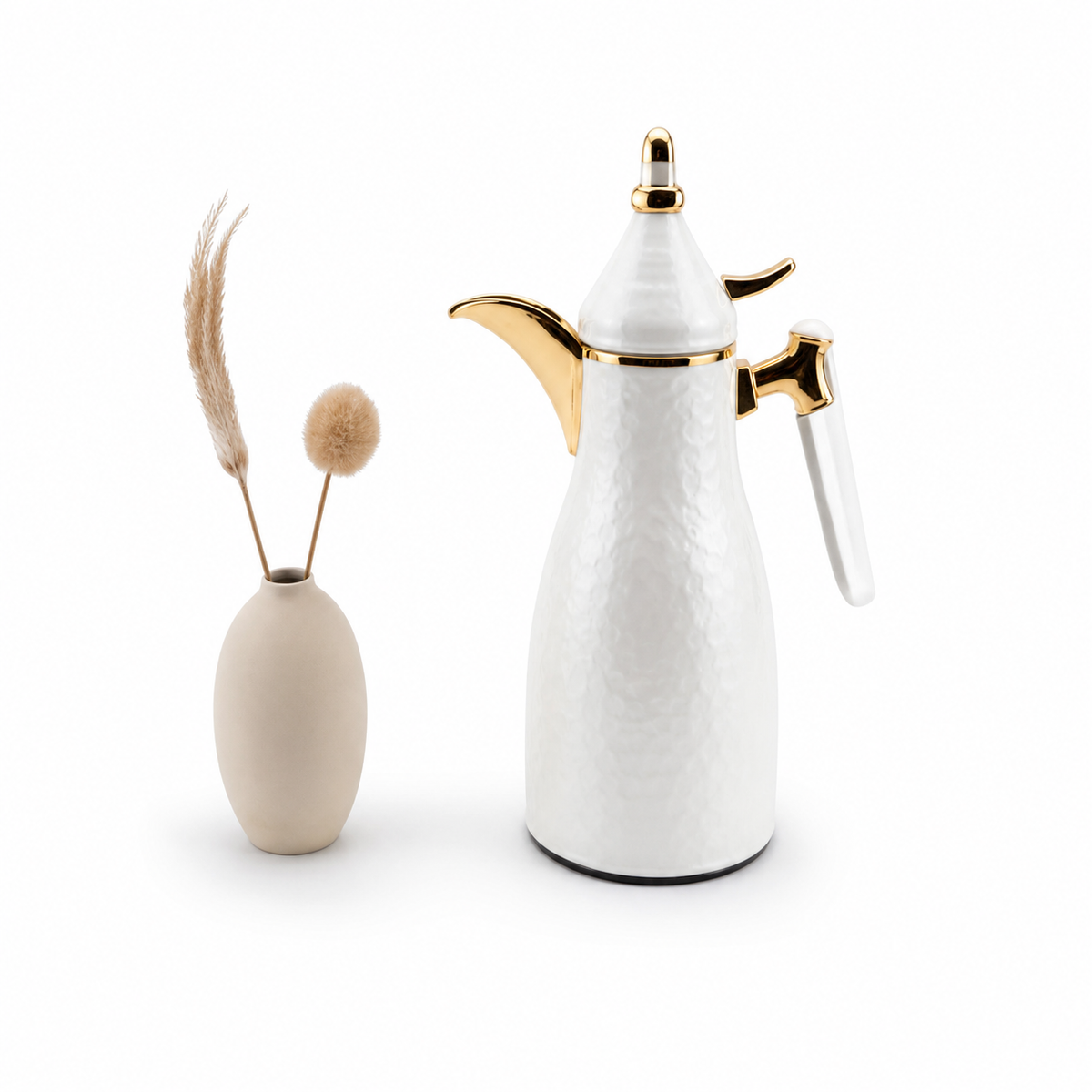 Hammered white dallah coffee flask with conical lid, curved gold-tone spout and white handle