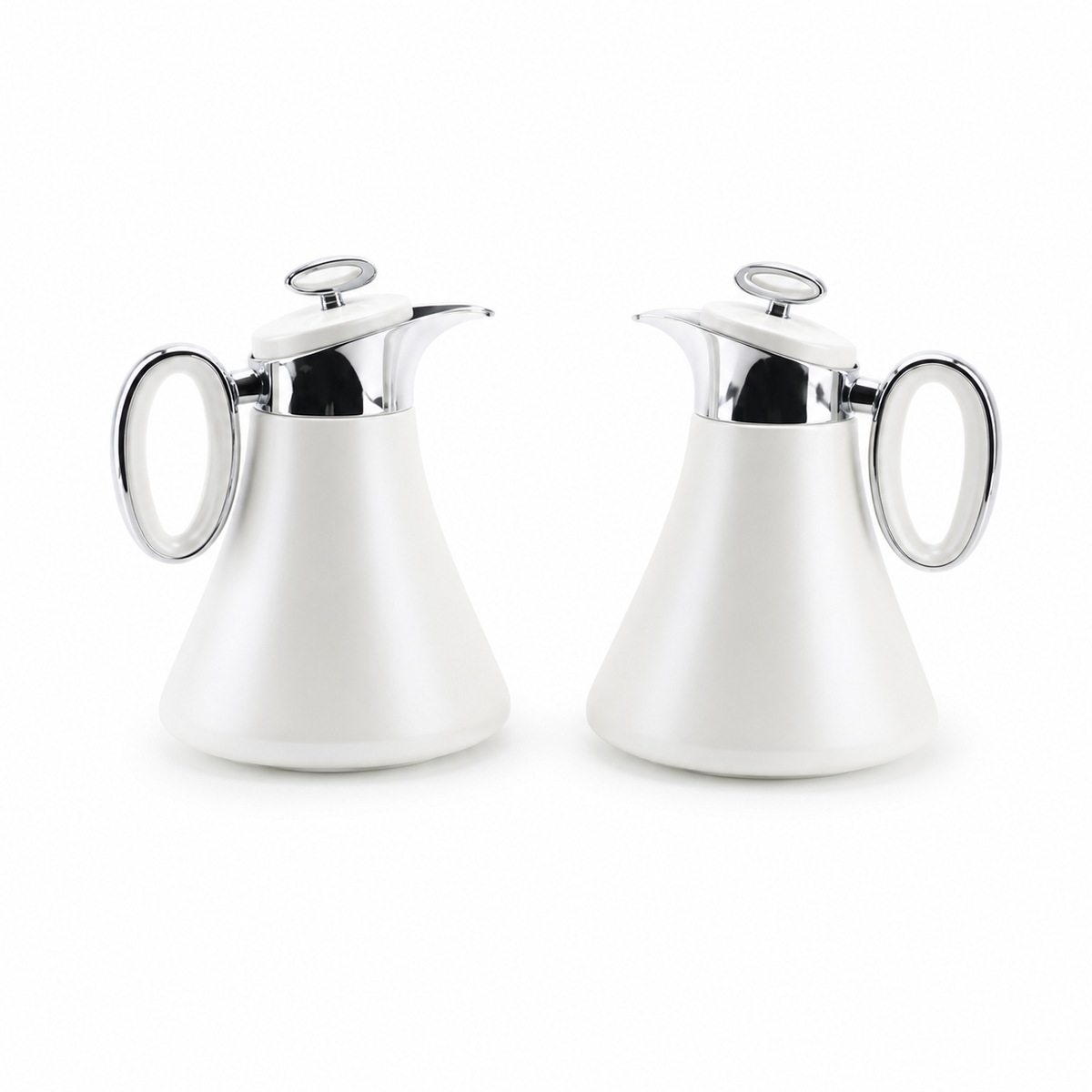 Pair of matching white dallah coffee flasks with silver-tone spout, handle and lid rings