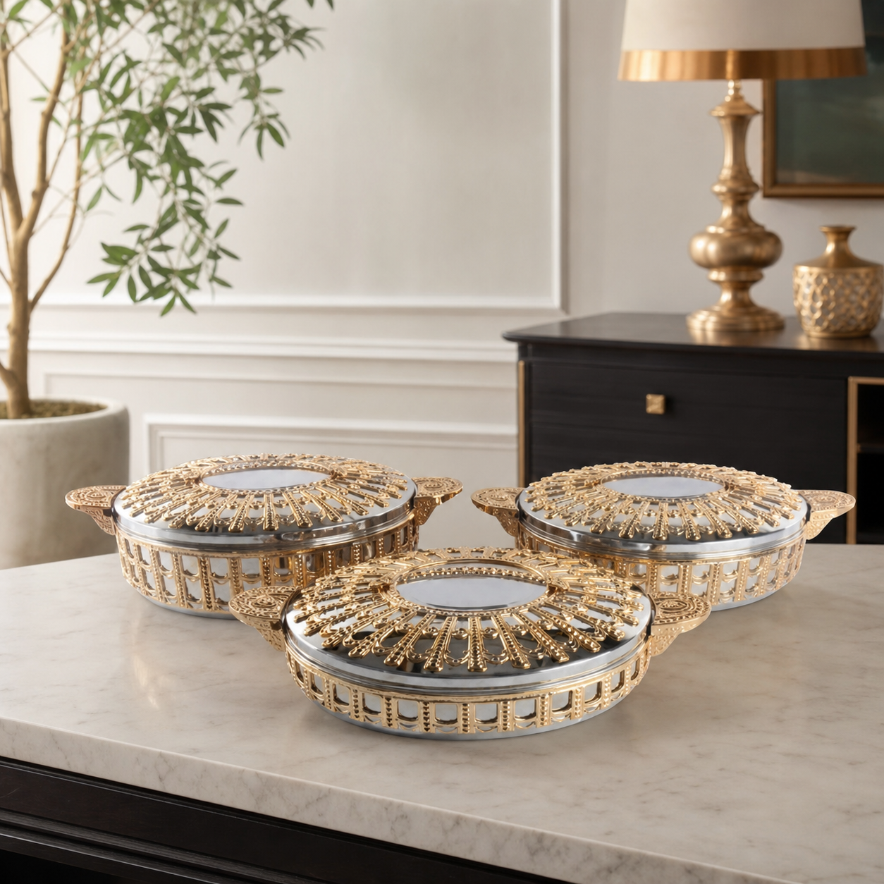 Three-piece stainless steel food warmer set in silver and gold