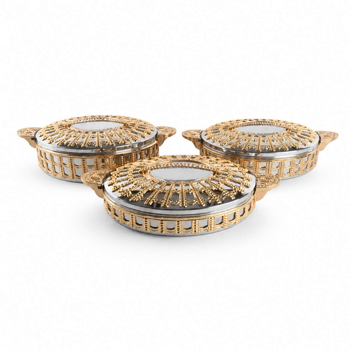 Three-piece stainless steel food warmer set in silver and gold