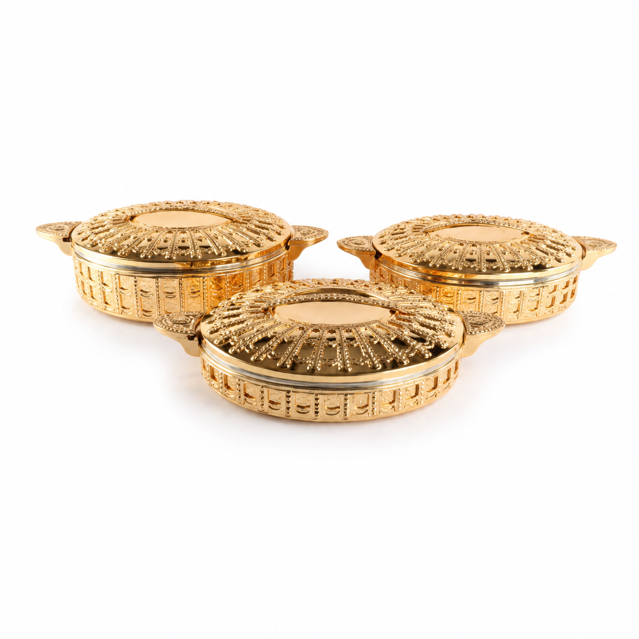Three-piece gold stainless steel food warmer set, 2.5 to 4.5 litre