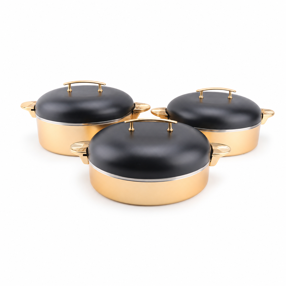 The same three-piece gold-tone food warmer set shown with black lids, not white