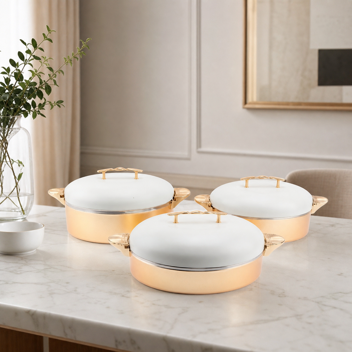 Gold-tone food warmer set with white domed lids on a marble counter in a dining room