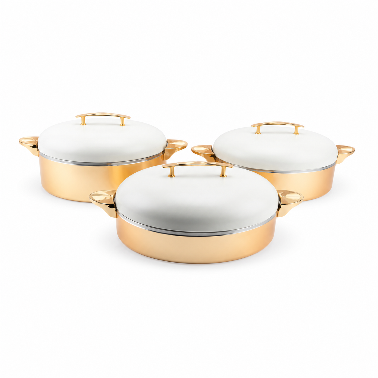 Three-piece gold-tone food warmer set with white domed lids, shown on a white background