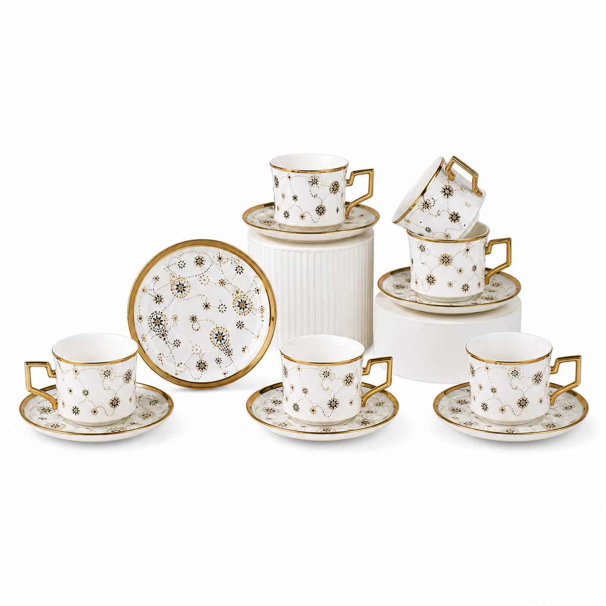 Porcelain coffee cup and saucer set, white with gold rim and floral pattern