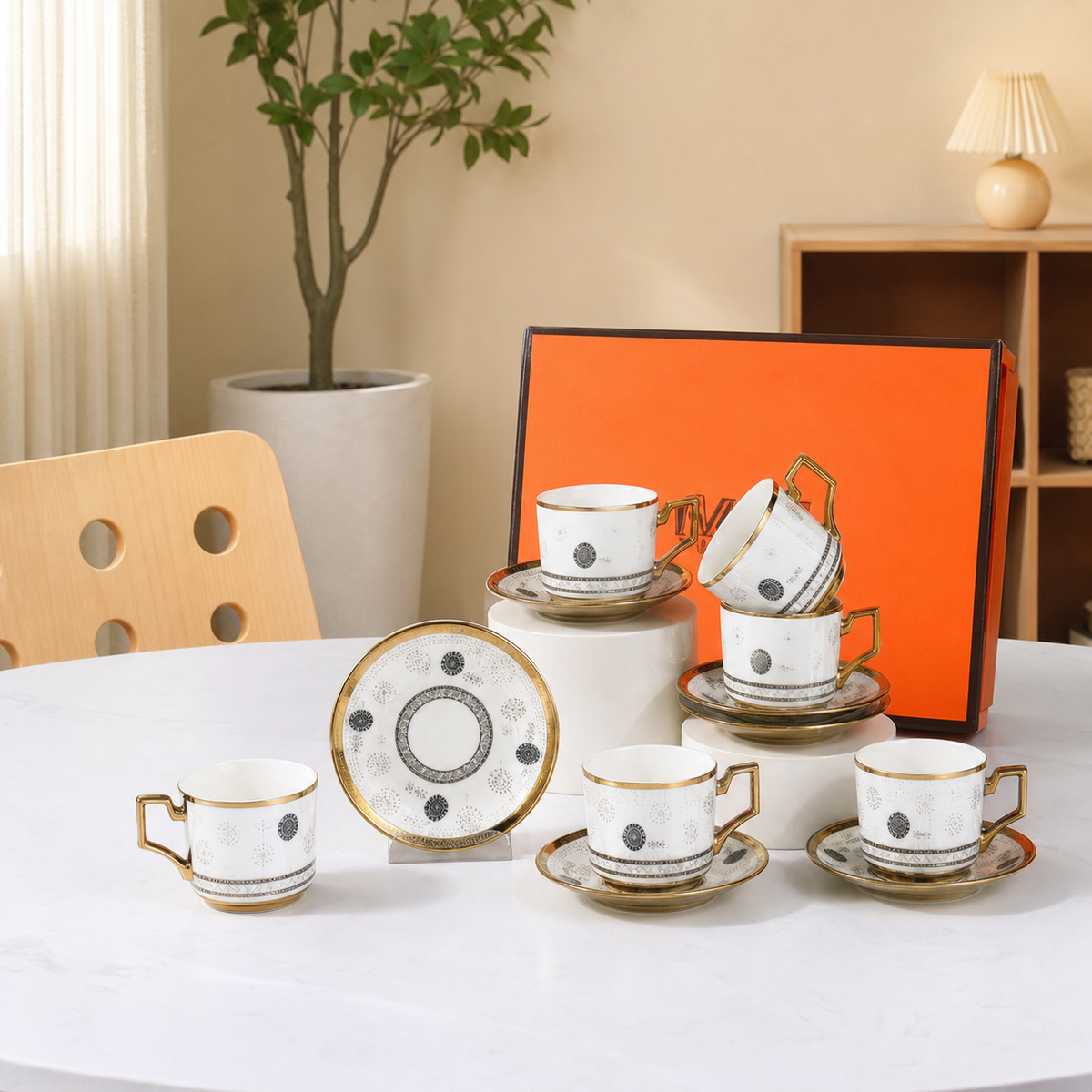 White and gold porcelain coffee set with black medallions, styled on a dining table