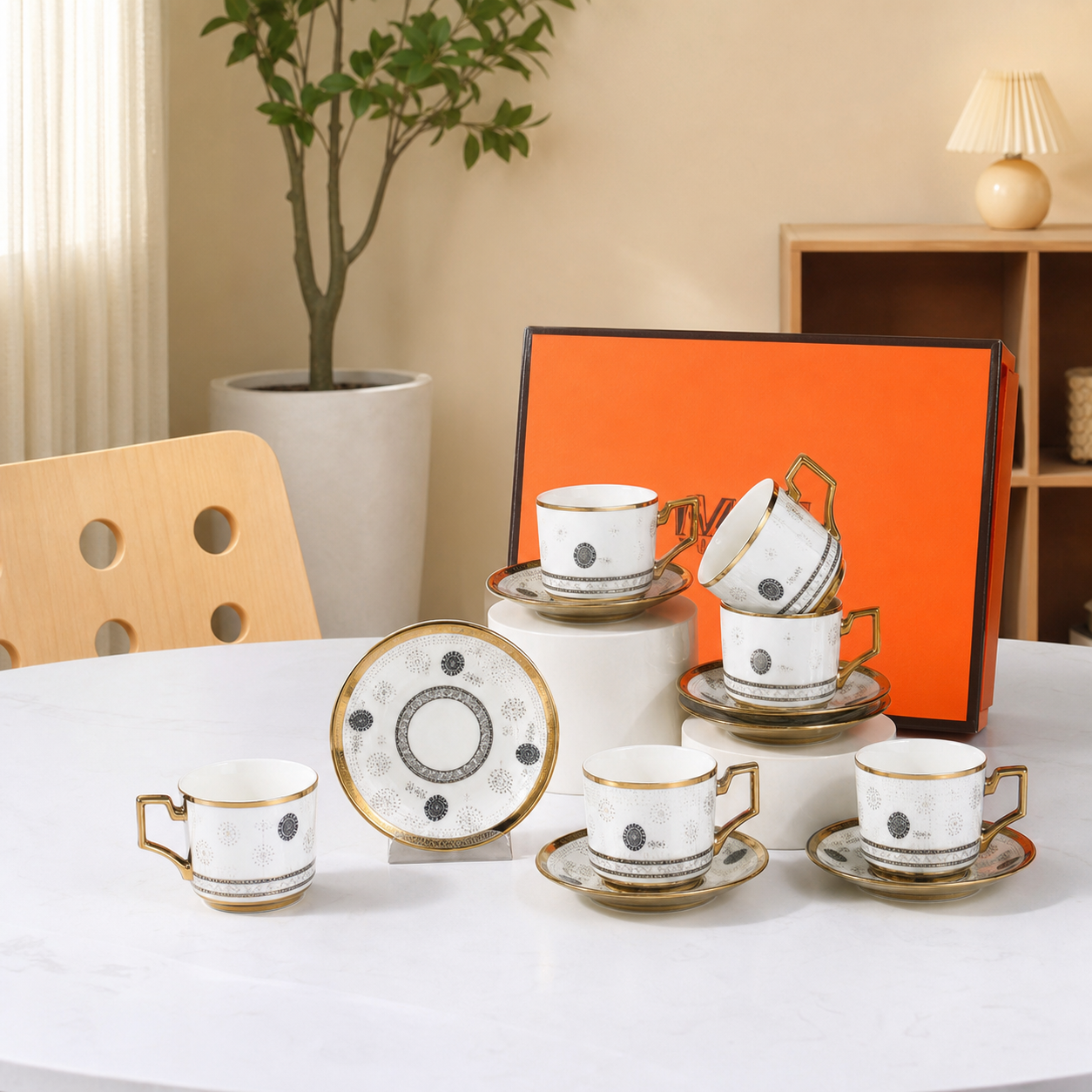 White and gold porcelain coffee set with black medallions, styled on a dining table
