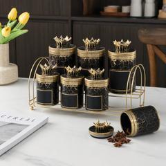Ceramic Spice and Seasoning Jar Set with Stand, Black and Gold