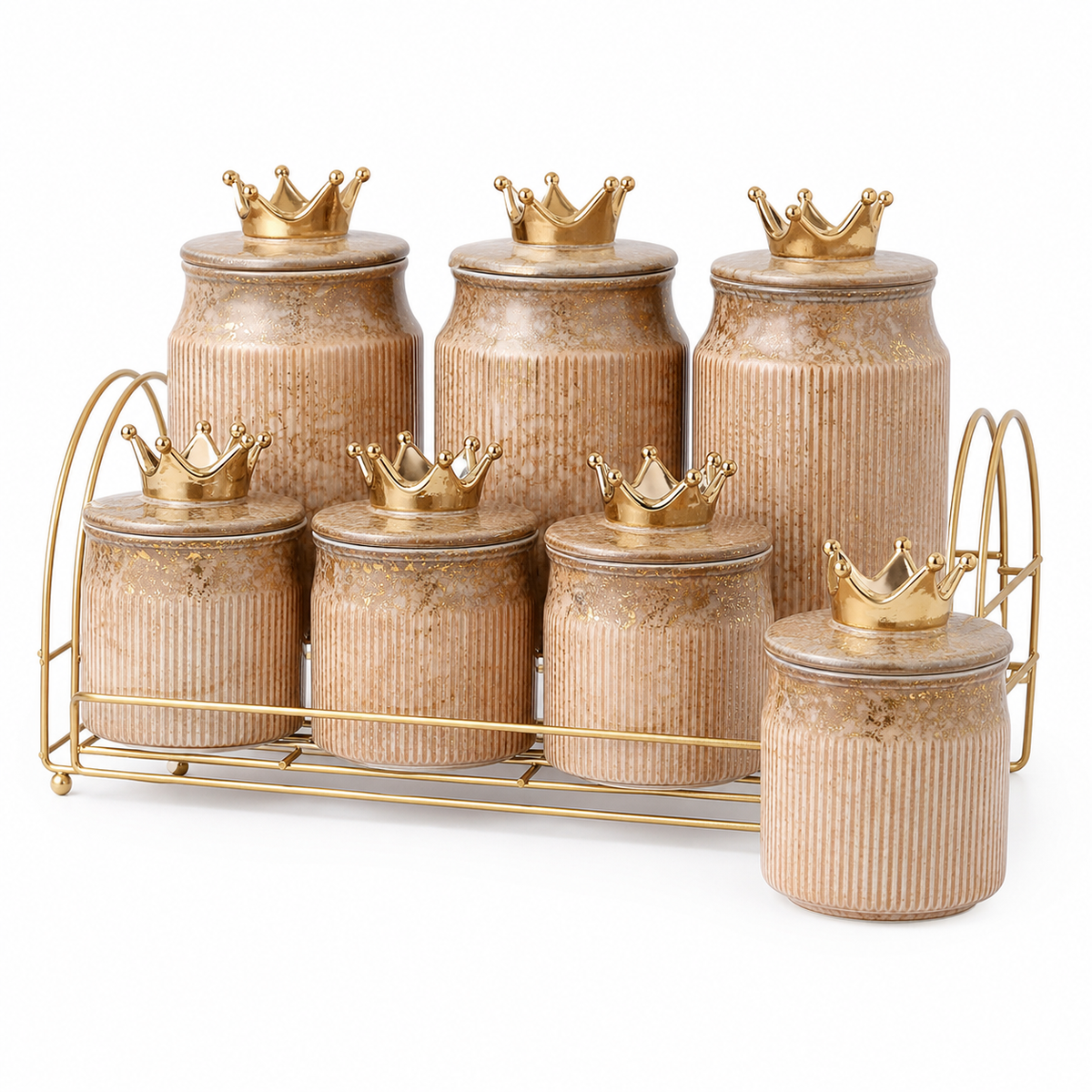 Coffee and gold ceramic spice and seasoning jar set on a gold-tone stand