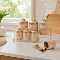 Ceramic Spice and Seasoning Jar Set with Stand, Coffee and Gold