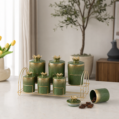 Ceramic Spice and Seasoning Jar Set with Stand, Green and Gold