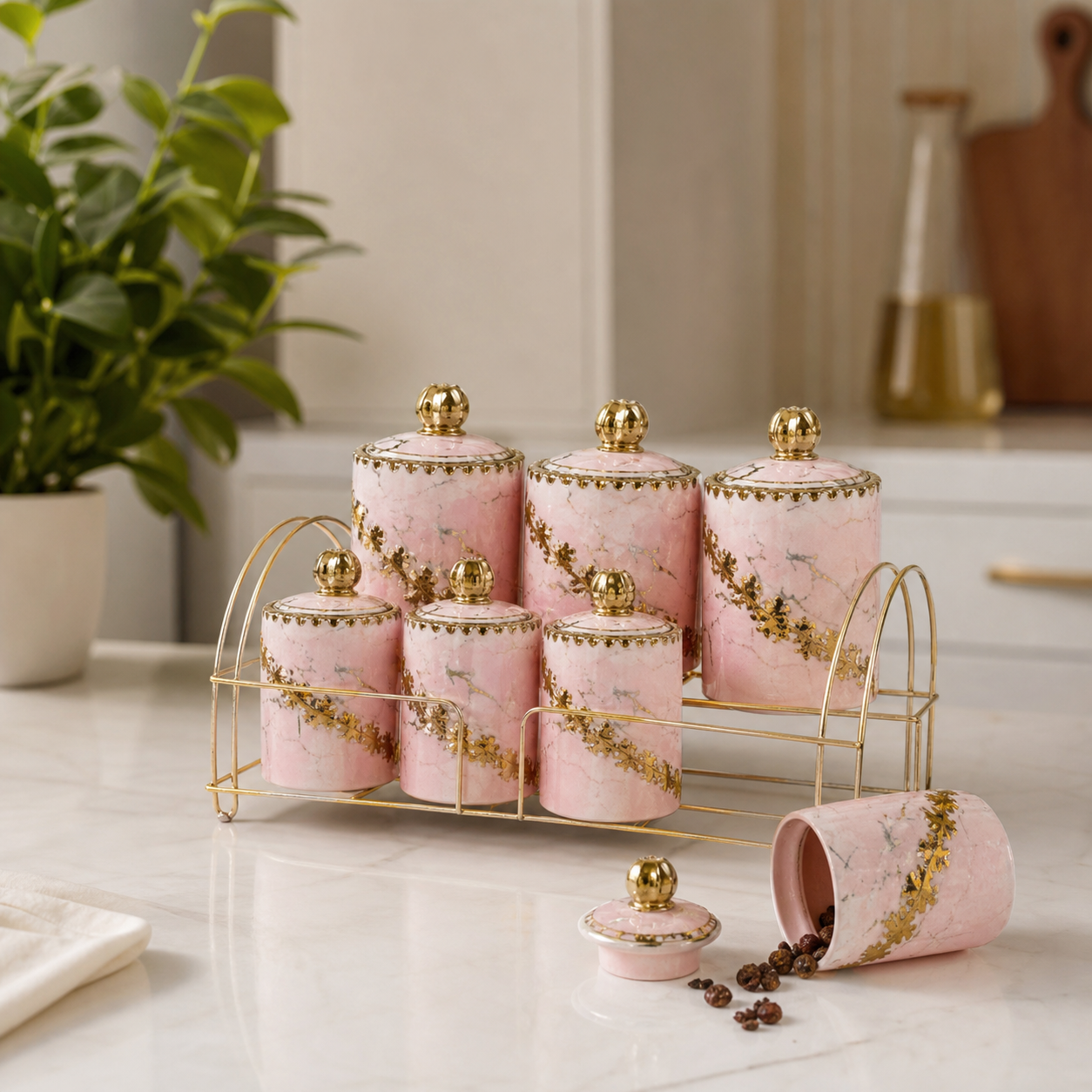 Pink and gold ceramic spice and seasoning jar set on a gold-tone stand
