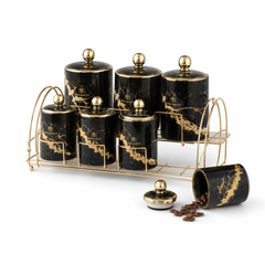 Ceramic Spice and Seasoning Jar Set with Rack, Black and Gold