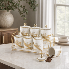 Ceramic Spice and Seasoning Jar Set with Rack, White and Gold