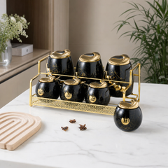 Ceramic Seasoning Canister Set with Gold-Tone Rack — Black & Gold
