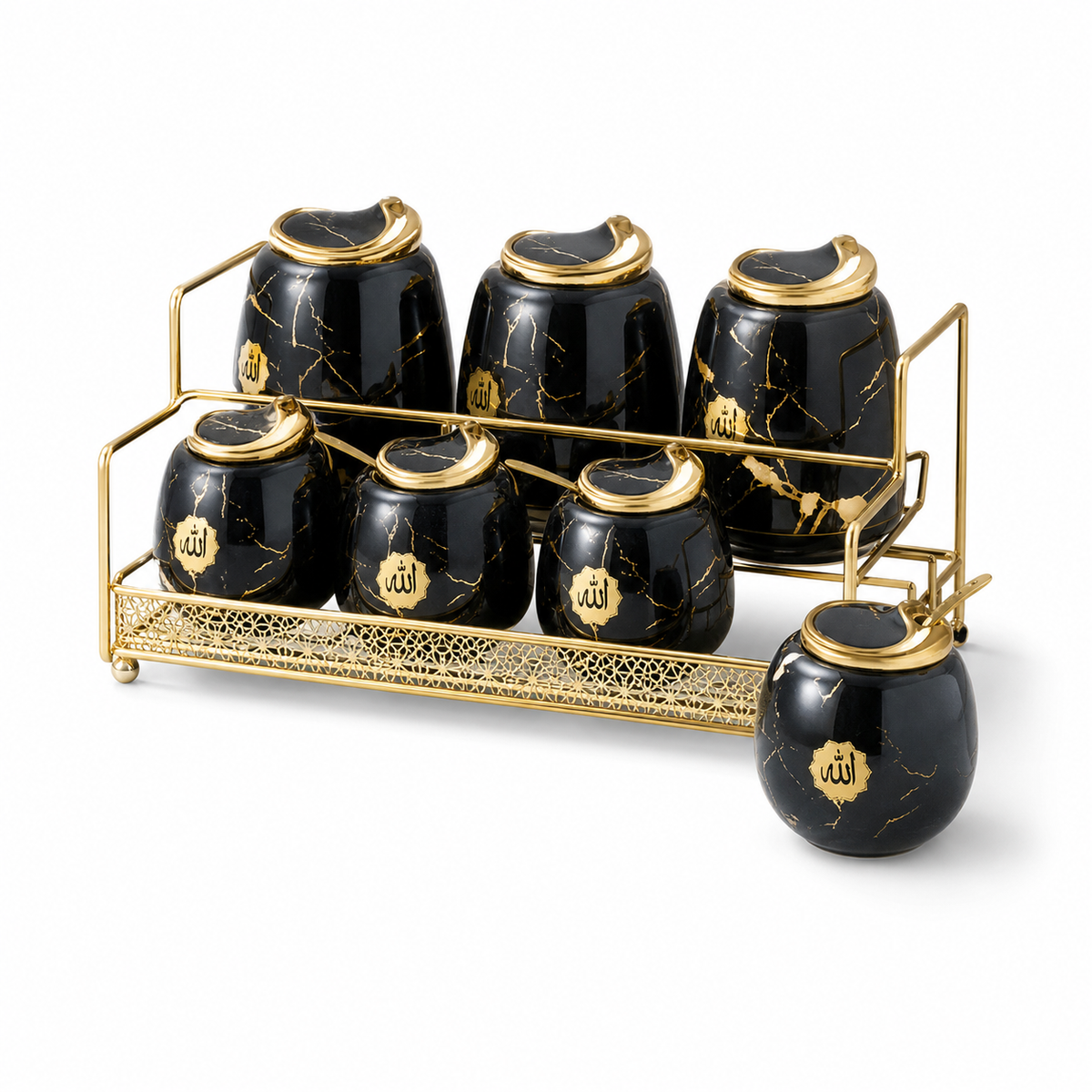 Ceramic Seasoning Canister Set with Gold-Tone Rack — Black & Gold
