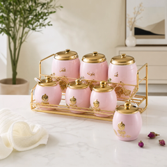 Ceramic Seasoning Canister Set with Gold-Tone Rack — Pink & Gold