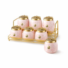 Ceramic Seasoning Canister Set with Gold-Tone Rack — Pink & Gold