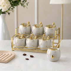 Ceramic Seasoning Canister Set with Gold-Tone Rack — White & Gold