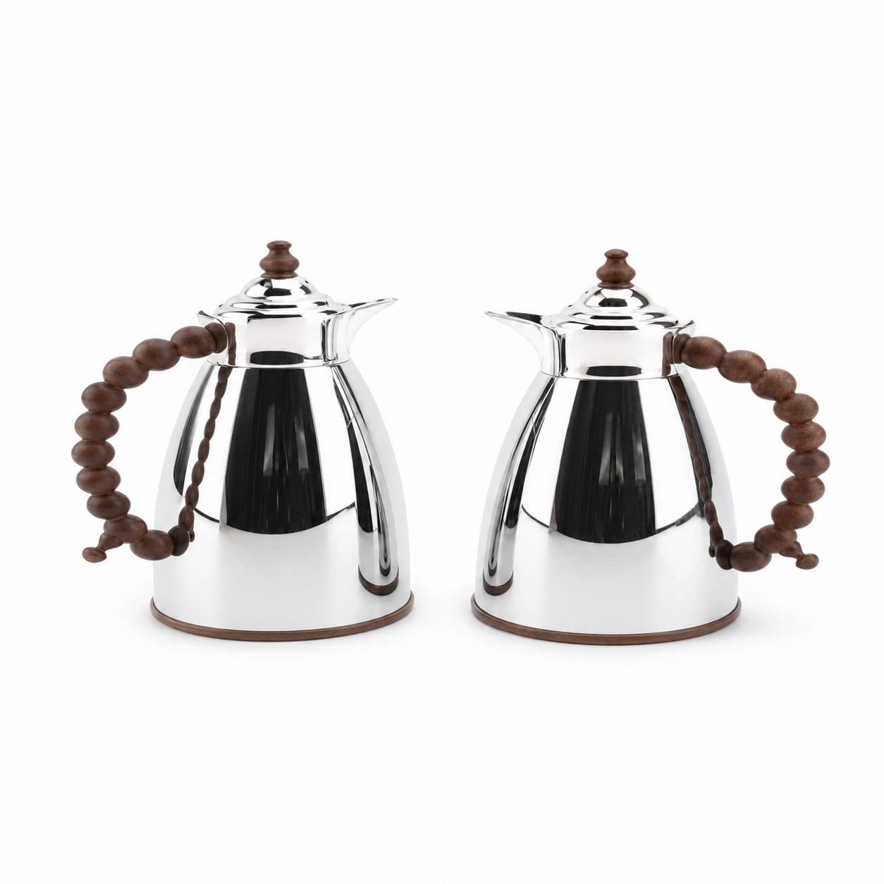 Two-piece mirror-silver flask set with brown beaded handles, on a white background