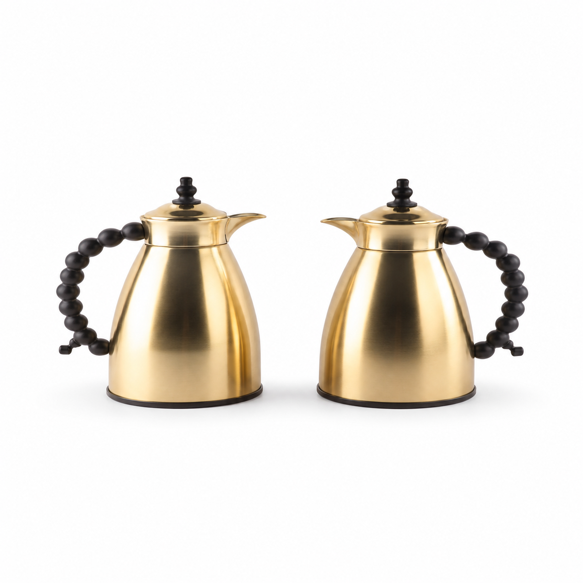 Two-piece gold flask set with black beaded handles, on a white background