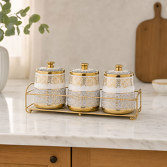Ceramic Spice & Seasoning Set — White & Gold (3-Piece)