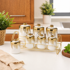 Ceramic Spice & Seasoning Set with Gold-Tone Rack — White & Gold