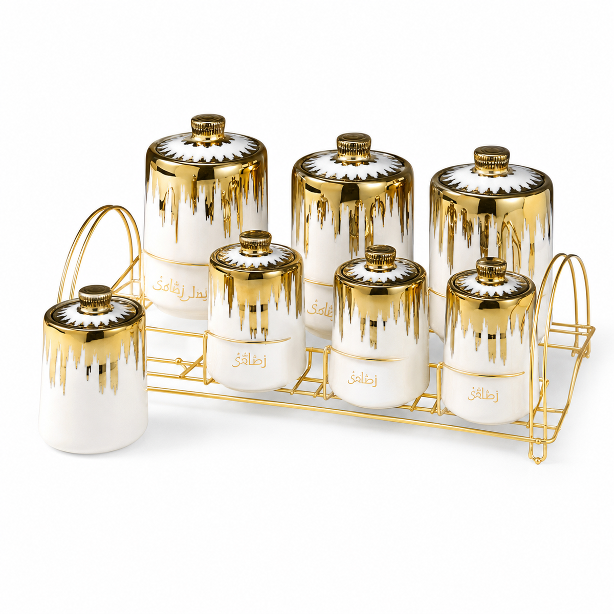 Ceramic Spice & Seasoning Set with Gold-Tone Rack — White & Gold