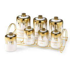 Ceramic Spice & Seasoning Set with Gold-Tone Rack — White & Gold