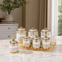 Ceramic Spice & Seasoning Set with Gold-Tone Rack — White & Gold