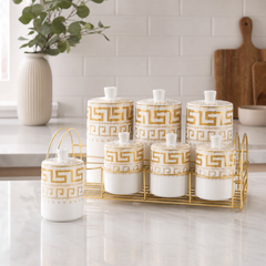 Ceramic Spice & Seasoning Set with Gold-Tone Rack — White & Gold