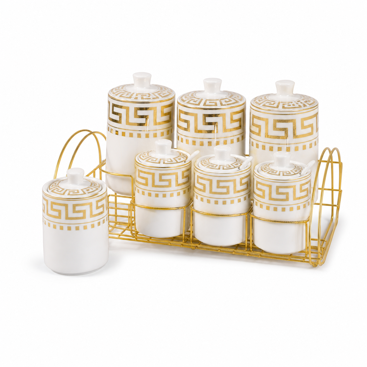 Seven white spice jars with a gold Greek-key band on a gold-tone rack