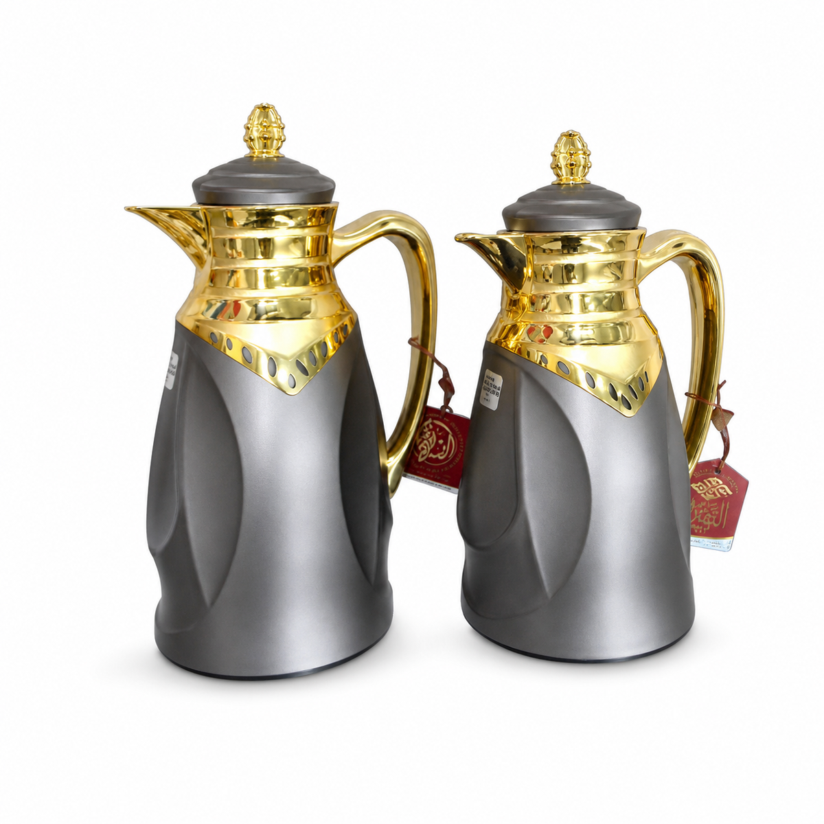 Grey and gunmetal flask gift set with gold-tone neck and handle, 0.7 L and 1.0 L flasks